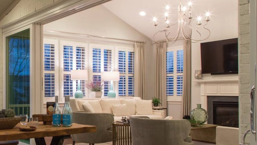 Plantation shutters in an open room